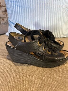 Fly London Black Perforated Lace-Up Wedge Sandals